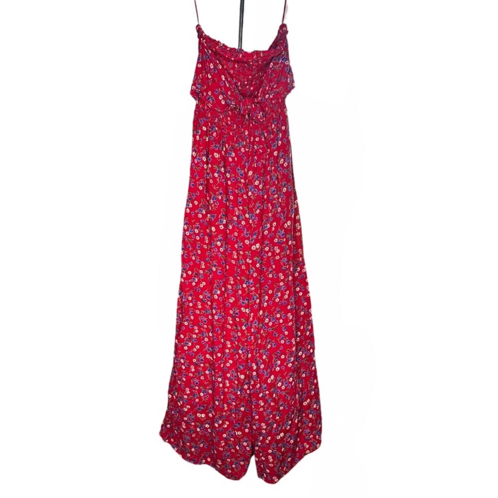 Parsons of Peace Red Floral Jumpsuit Smocked Top Bow Tie Up Detail Wide Leg QQ17